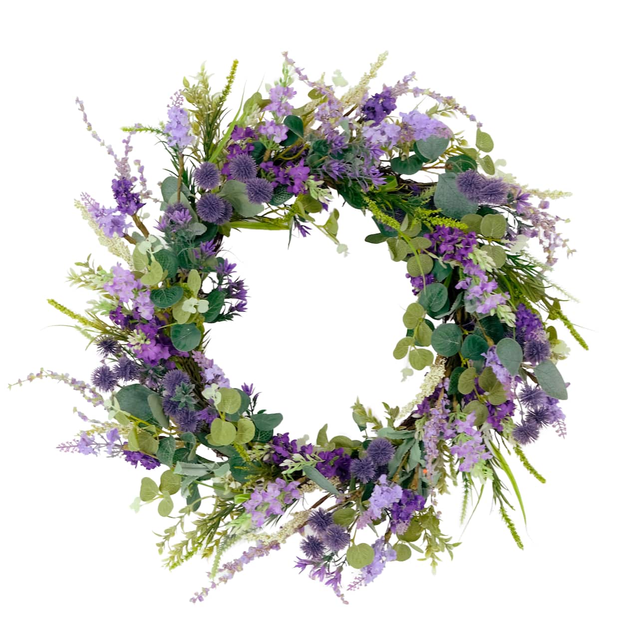 24&#x27;&#x27; Green and Purple Echinops Floral Spring Wreath